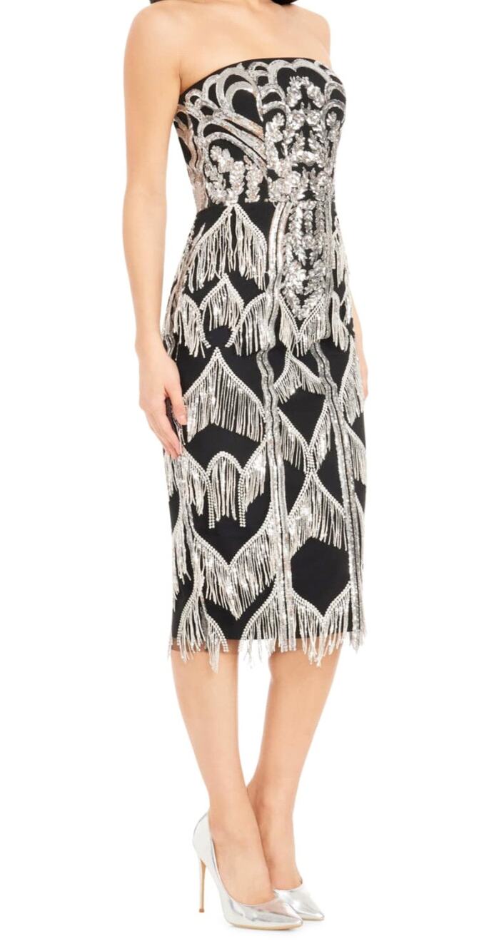 Dress The Population Viviana Dress Sz XL Sequin Strapless Sheath Silver Black